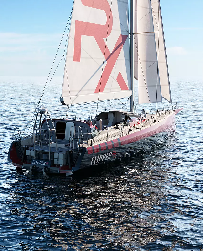 Sailing yacht CGI rear angle view with sails open moving across reflective ocean water