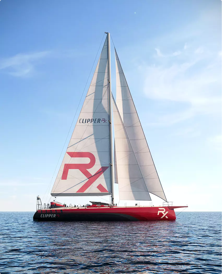 Sailing yacht CGI full side profile with sails raised on calm sea under clear blue sky