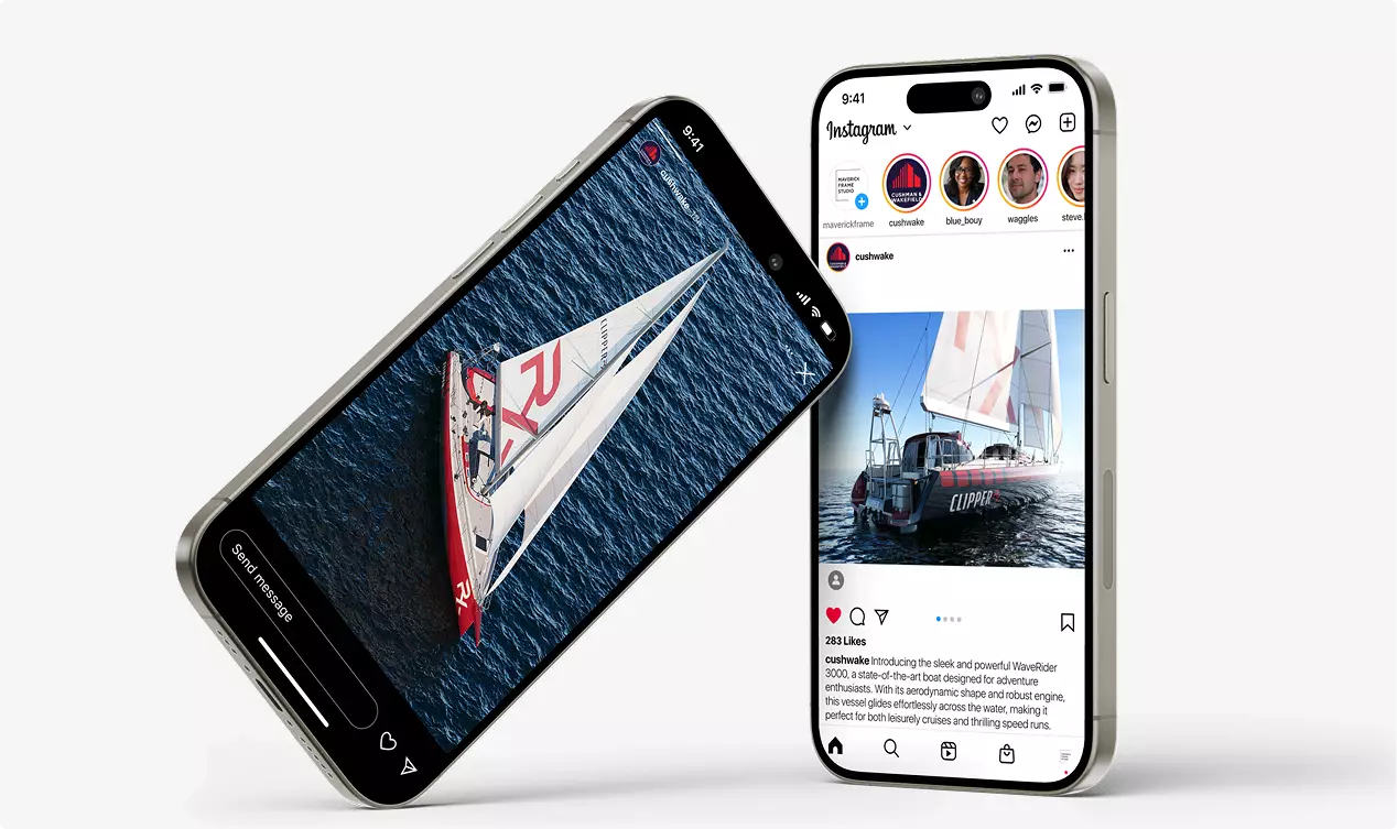 Sailing yacht CGI displayed on two smartphones showing yacht posts on social media interface