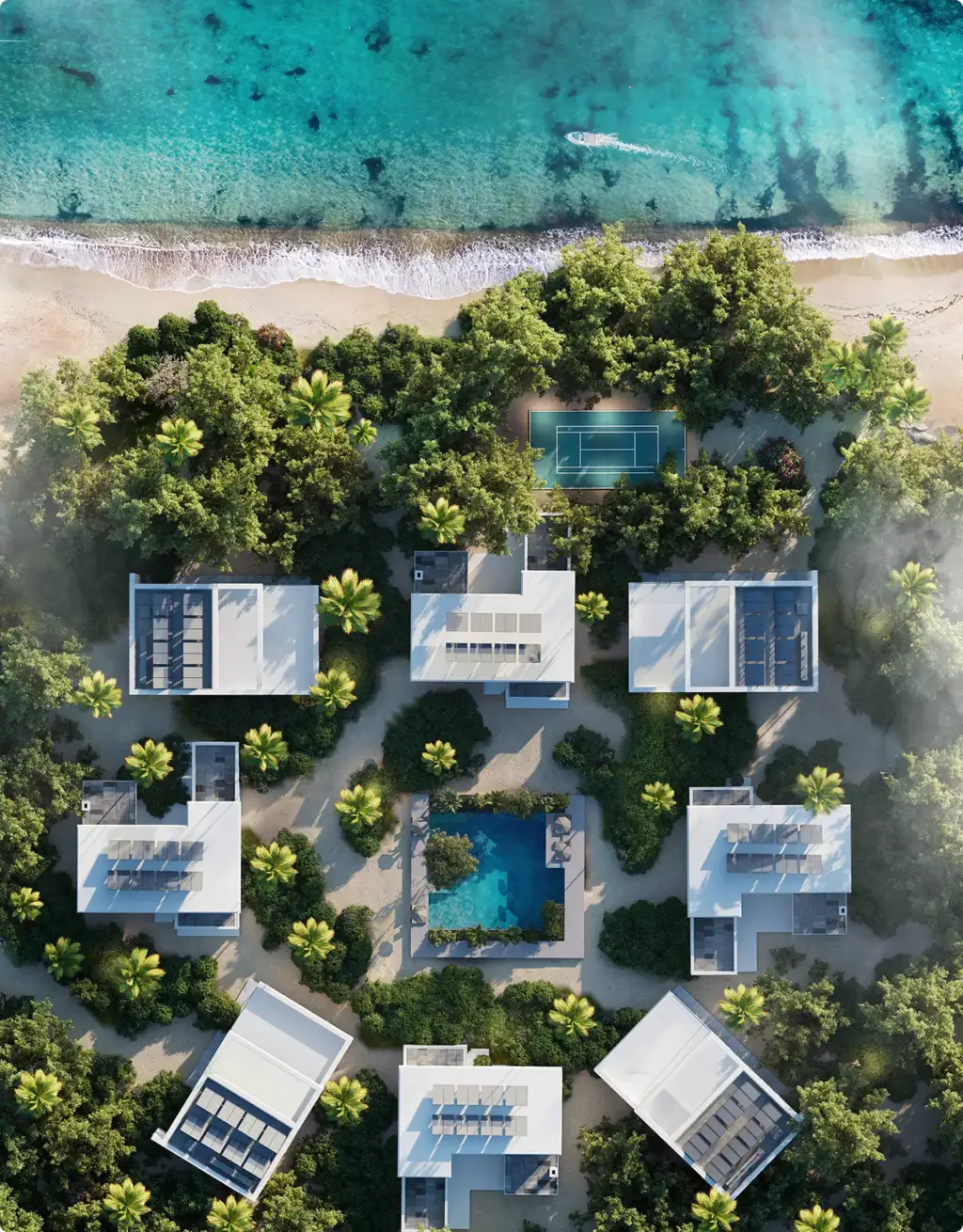 Top view of coastal villas and tennis court, Site Plan and Aerial Rendering Services