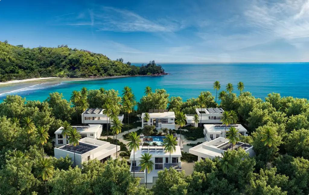 Luxury coastal villas surrounded by palms and ocean, Site Plan and Aerial Rendering Services