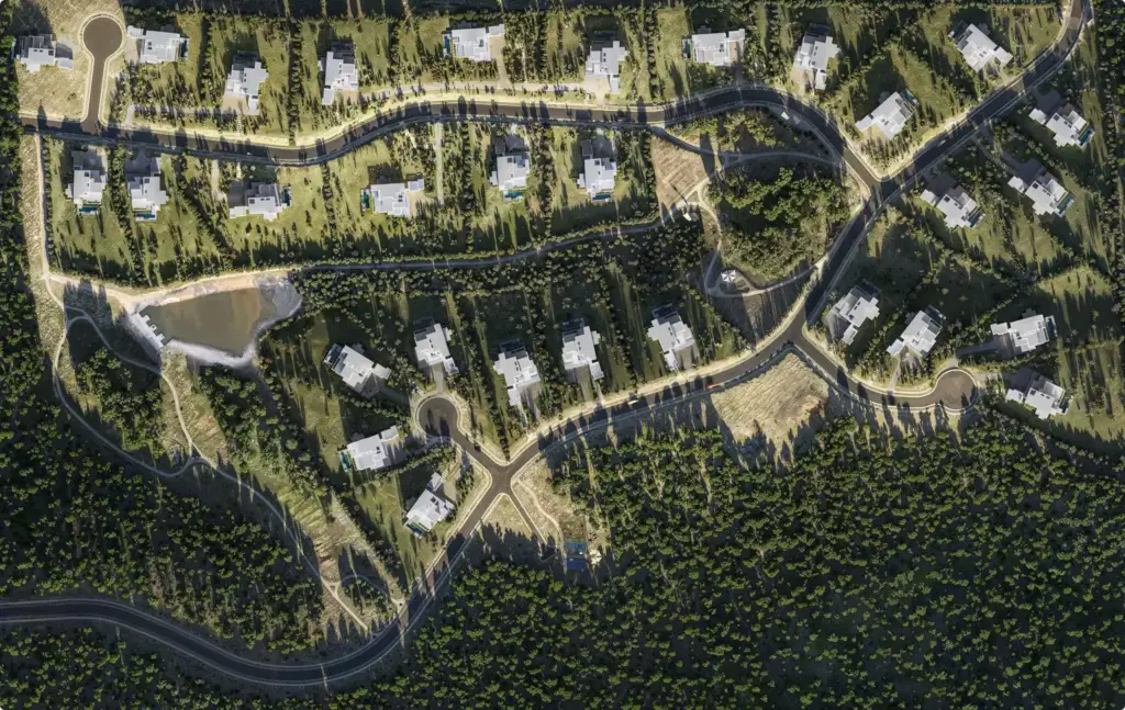 Top view of hillside housing development and roads, Site Plan and Aerial Rendering Services