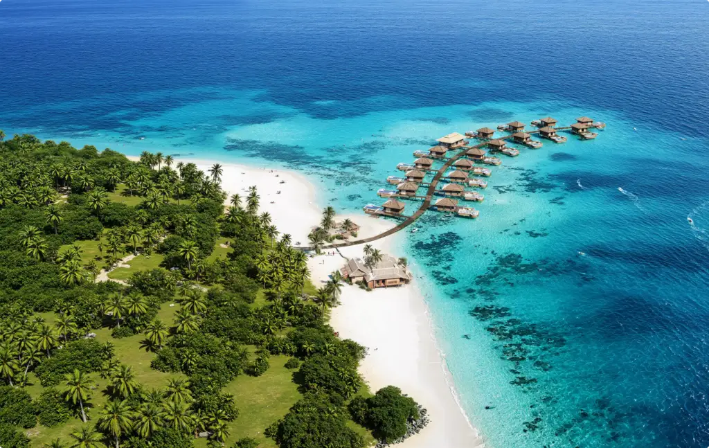 Island resort with overwater bungalows and blue lagoon, Site Plan and Aerial Rendering Services