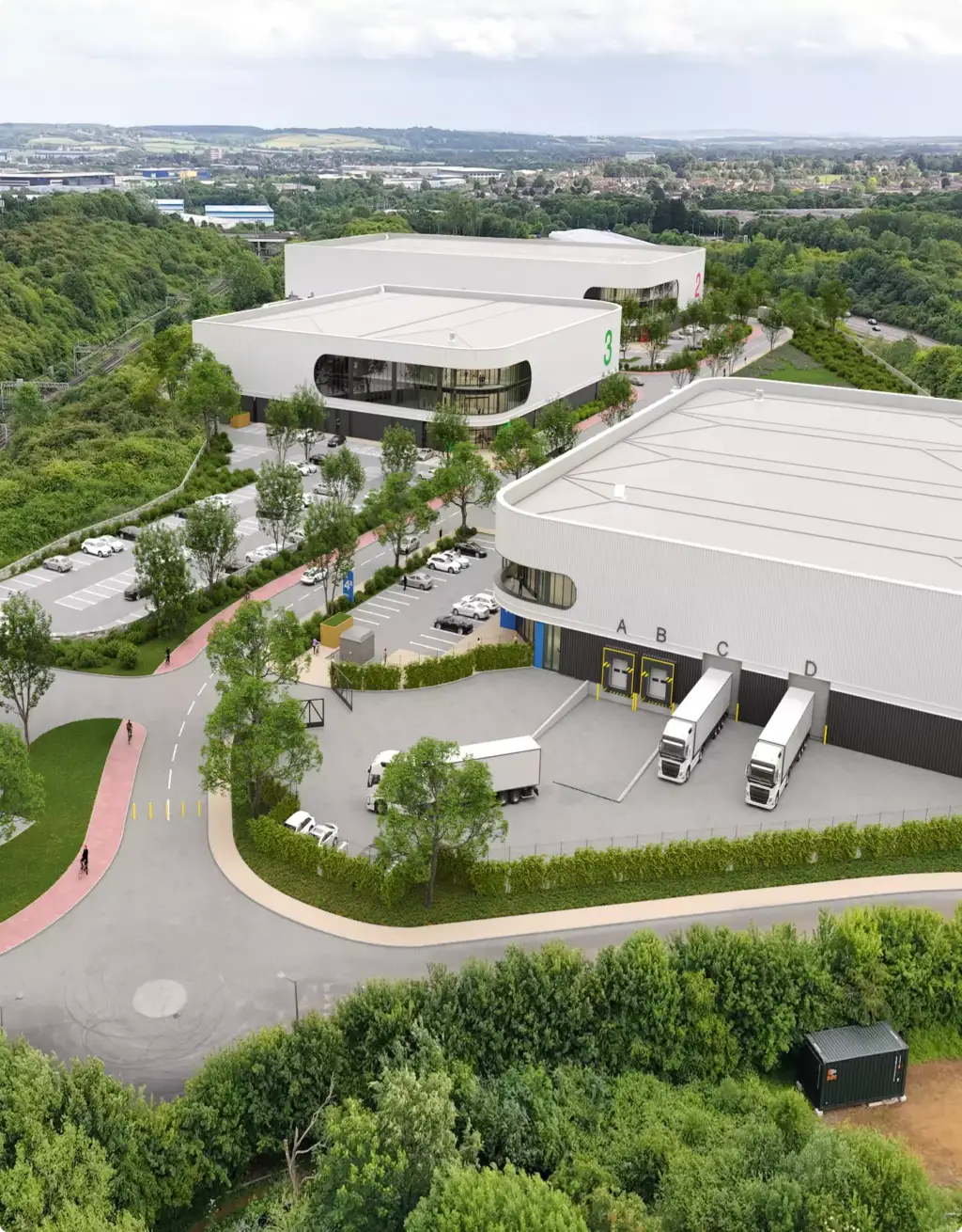 Modern warehouse complex with loading docks, Site Plan and Aerial Rendering Services