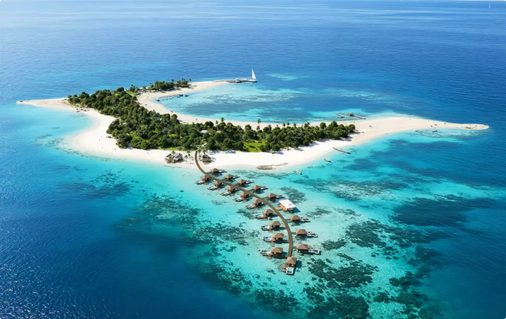 Small tropical island with villas and clear lagoon, Site Plan and Aerial Rendering Services