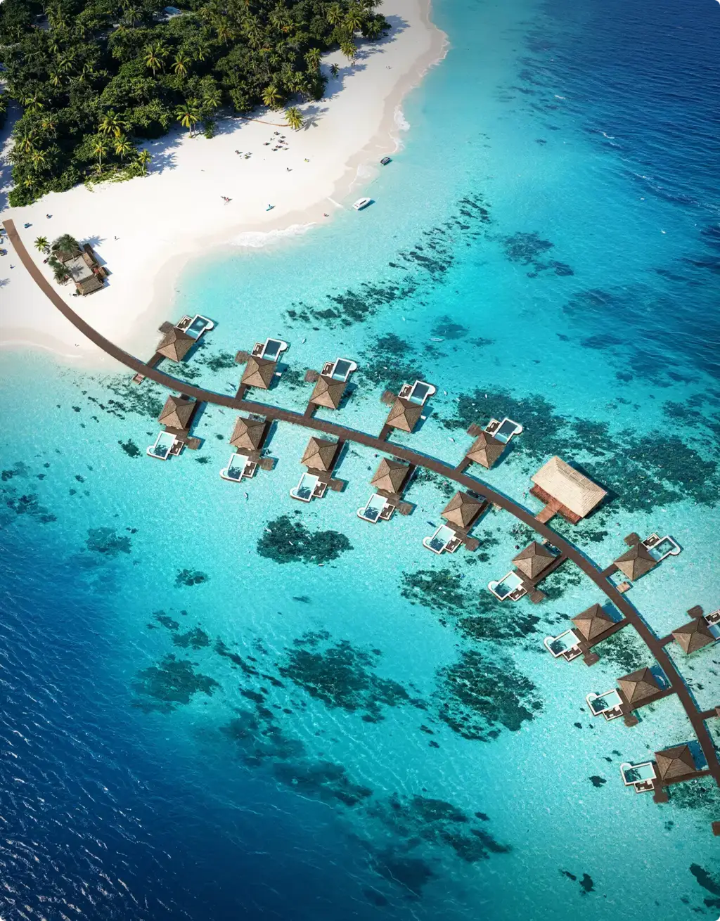 Aerial view of beach villas above turquoise water, Site Plan and Aerial Rendering Services