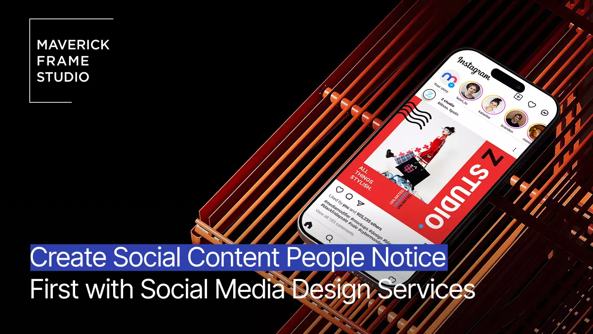Social Media Design promo with Instagram screen on smartphone, orange rack, and service text on black