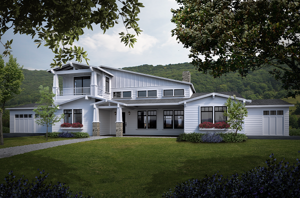 Best 3D Rendering Companies in the USA for Architectural Visualization & Real Estate in 2026 White suburban house exterior, 3D rendering company USA, lawn, garage and front porch