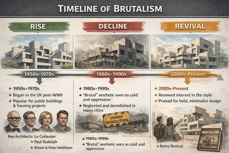 What Is Brutalist Architecture, and Why Is It So Controversial? timeline of Brutalism showing rise decline and revival in architecture