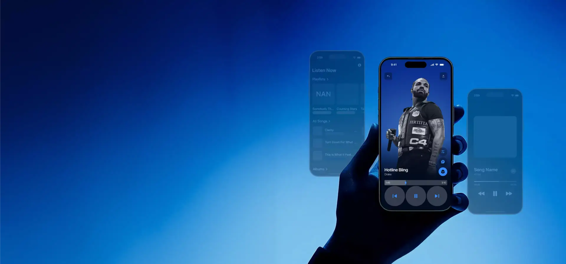 Ui ux design music player app on smartphone in hand against blue background with layered screens