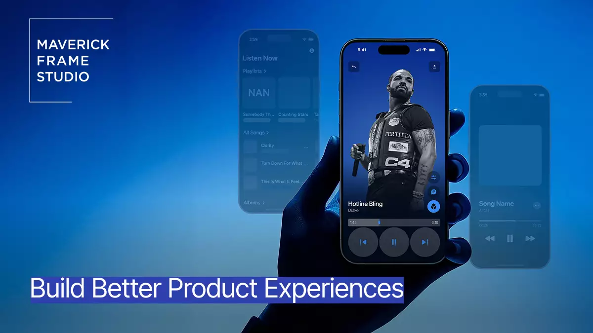 Ui ux design promo with music player app on smartphone in hand and product experience text on blue background