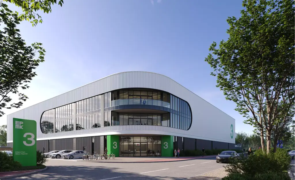 Warehouse 3D rendering with curved glass facade, parked cars, trees, and people at entrance