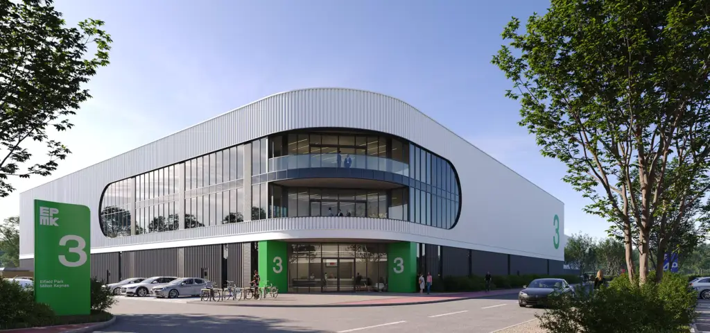 Warehouse 3D rendering of modern building exterior with large windows, cars, and greenery along street