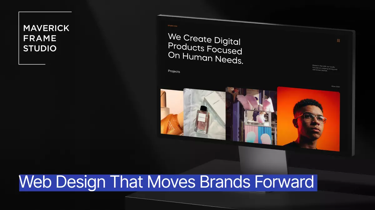 Monitor with web design portfolio, Maverick Frame Studio branding, and promo text on a dark background