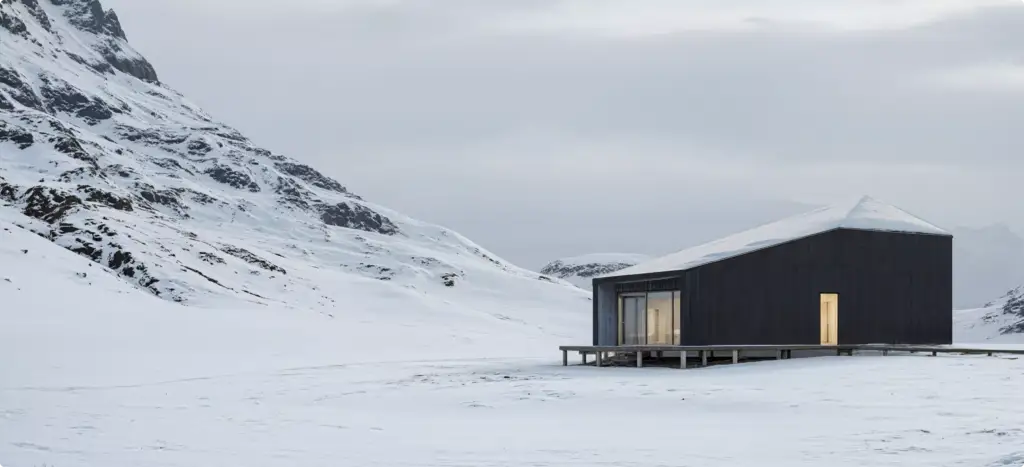 Winter 3D rendering of a dark cabin on snowy mountain plain with lit windows and cloudy sky