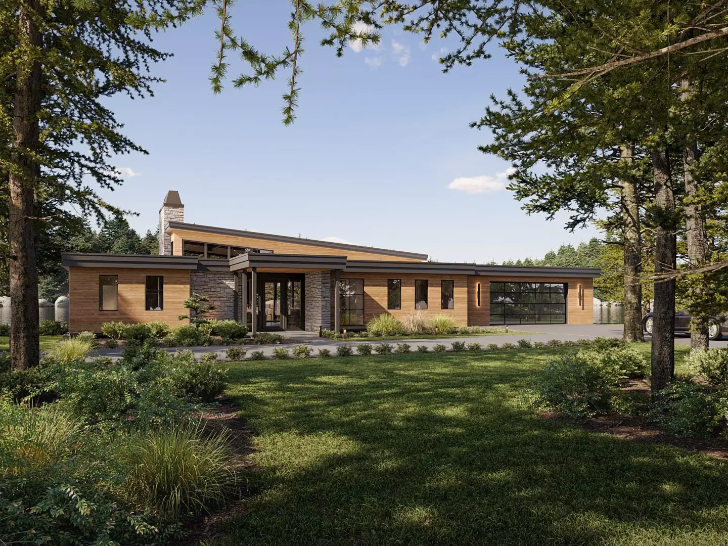 Best 3D Rendering Companies in the USA for Architectural Visualization & Real Estate in 2026 Modern wood house in forest, 3D rendering company USA, lawn, trees and driveway