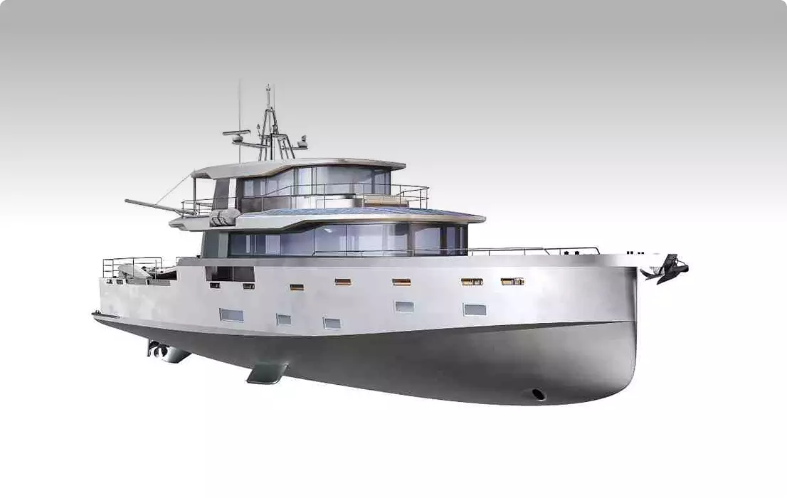 Yacht Rendering side view of modern white expedition yacht with gray hull on white background