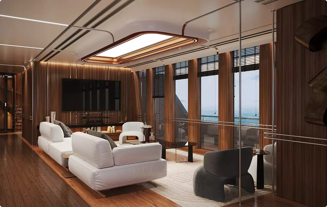 Yacht Rendering of luxury lounge with white sofas, wood walls, large windows, TV, and sea view