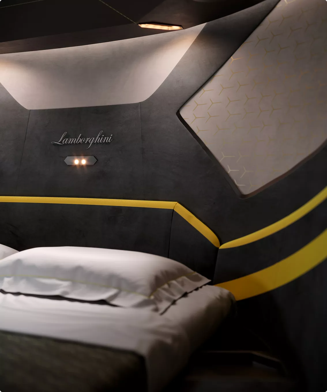Modern yacht cabin in yacht rendering portfolio with angular lighting and dark panels
