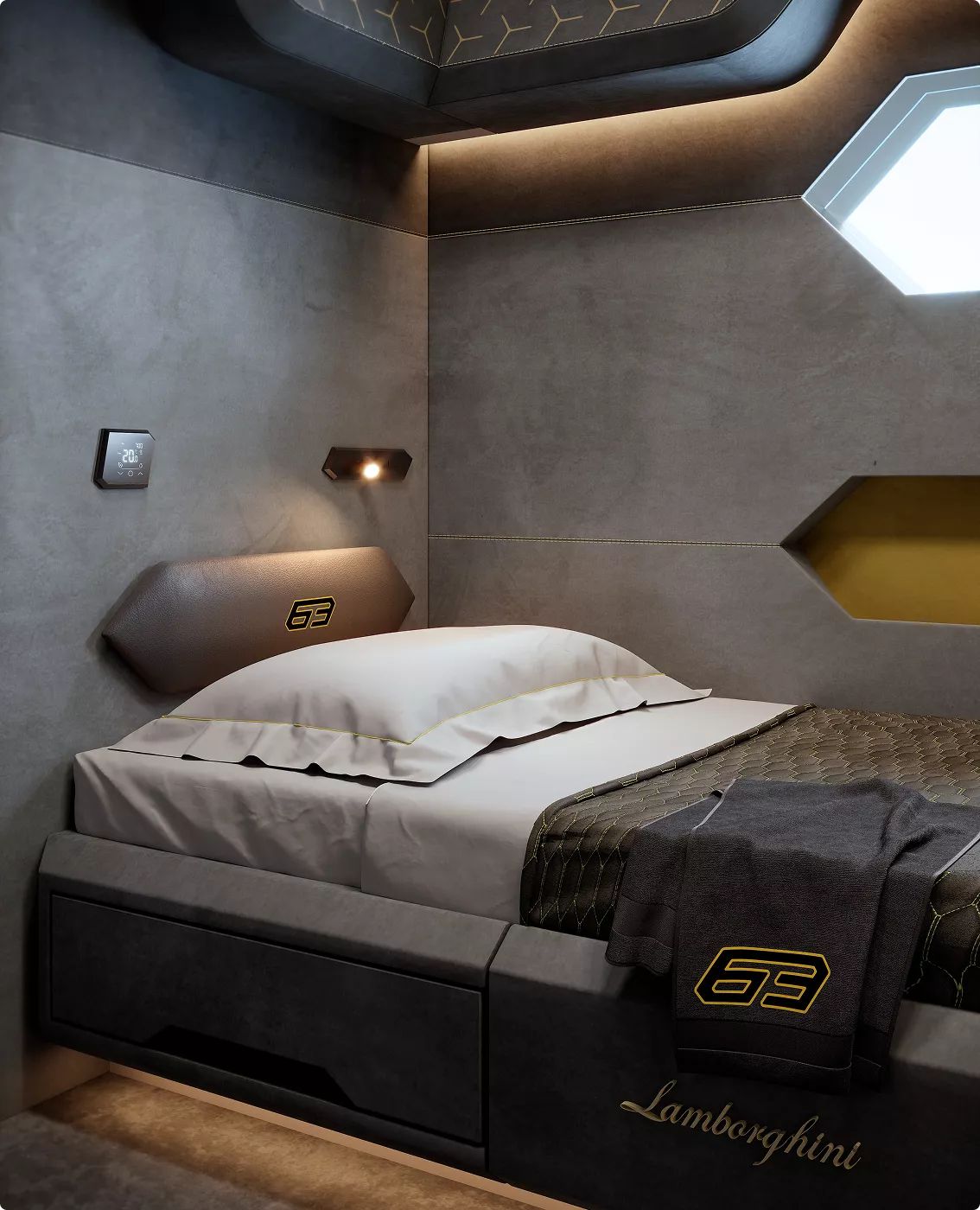 Luxury yacht rendering portfolio bedroom interior with dark panels, custom lighting, and modern bed