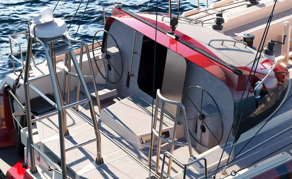 Sailing yacht cockpit detail in yacht rendering portfolio with twin steering wheels