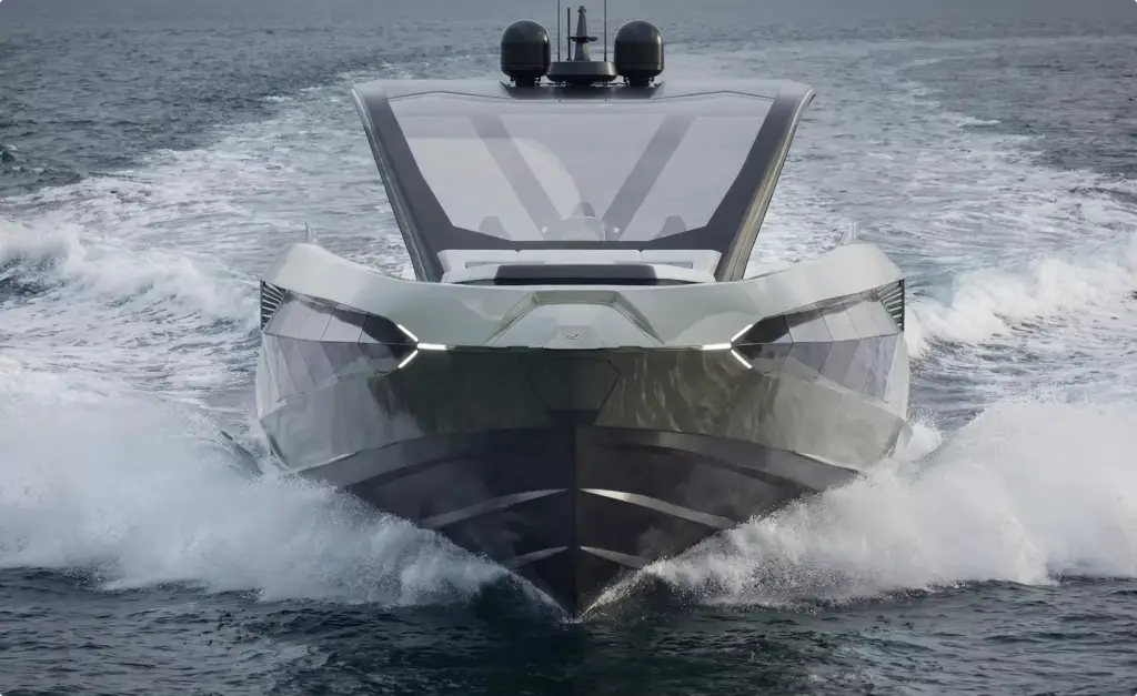 Front view luxury speedboat in yacht rendering portfolio cutting through ocean waves
