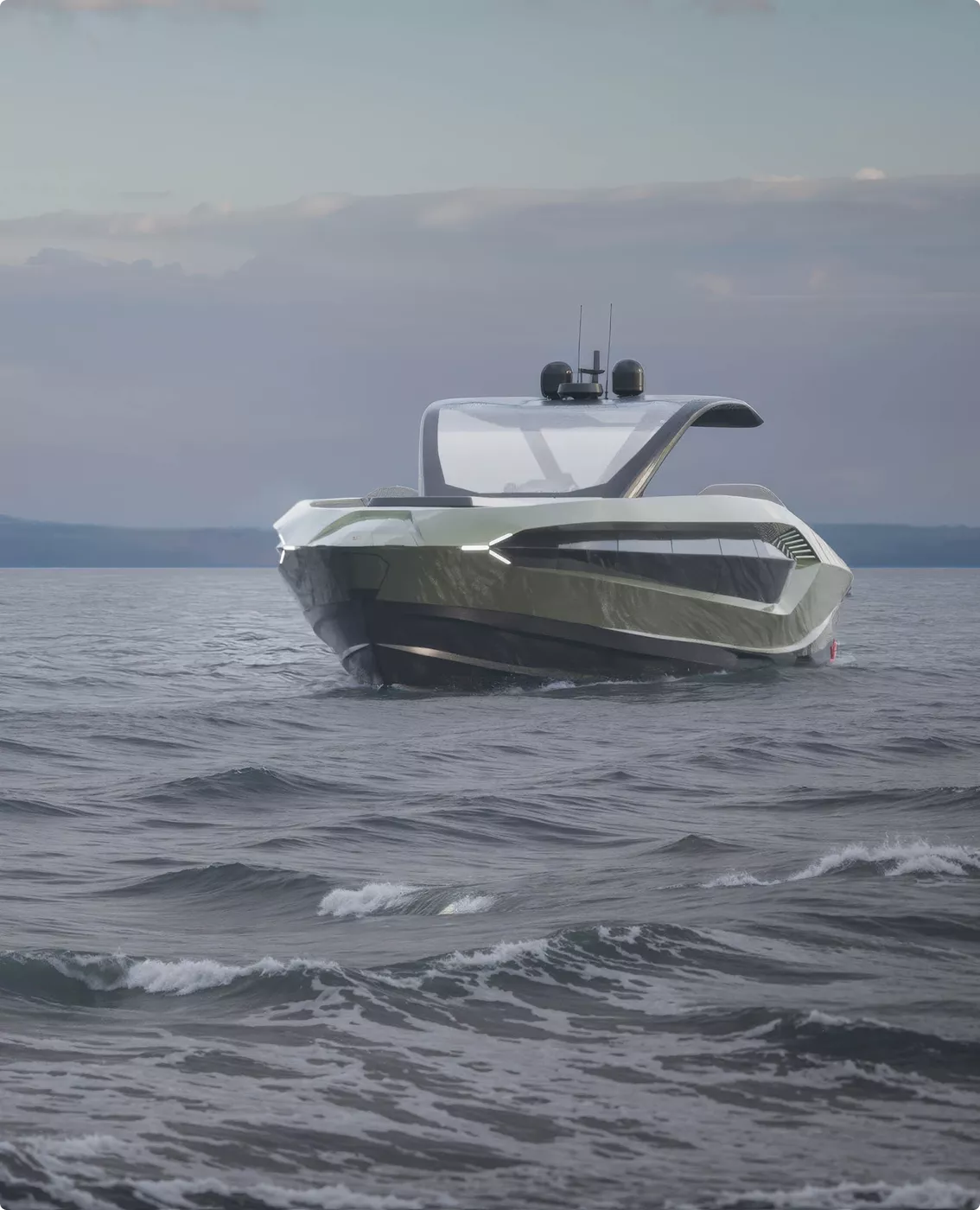 Futuristic speedboat in yacht rendering portfolio on calm ocean under cloudy sky