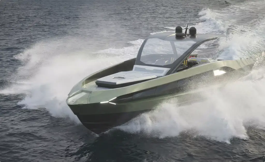 High speed yacht in yacht rendering portfolio creating spray across open water