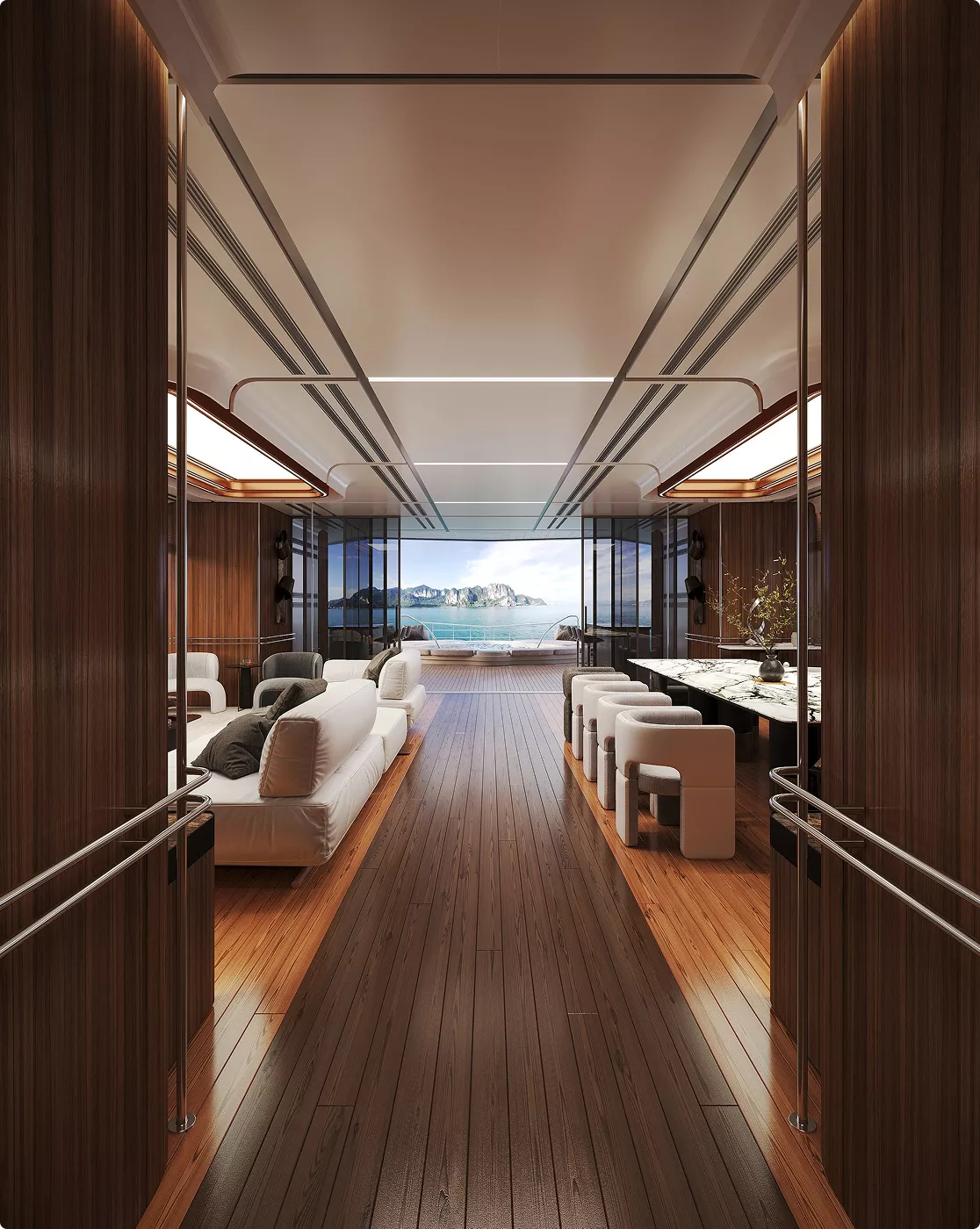 Luxury yacht interior in yacht rendering portfolio with wood finishes and ocean view