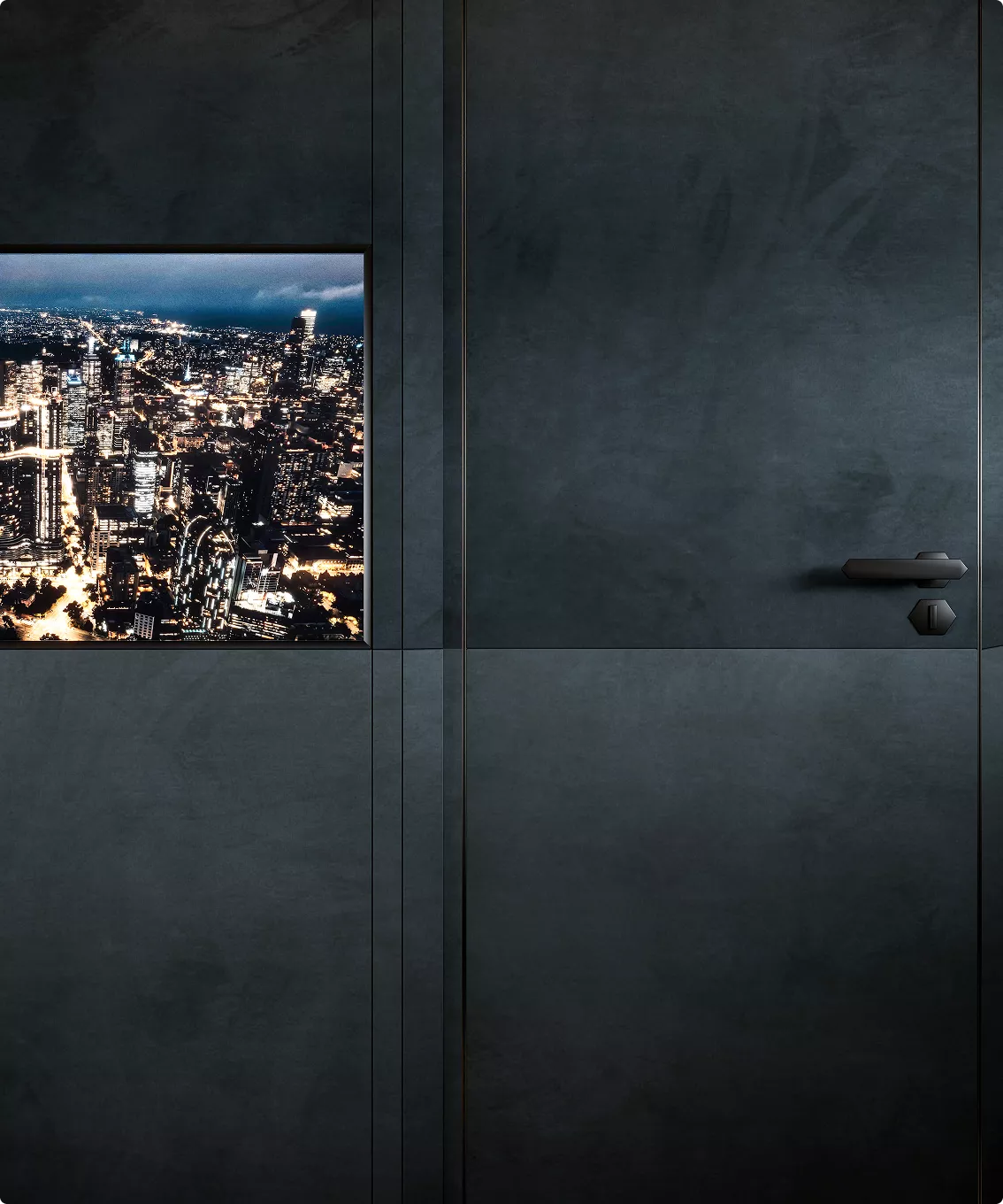 Yacht rendering portfolio corridor with dark wall panels and illuminated city view display