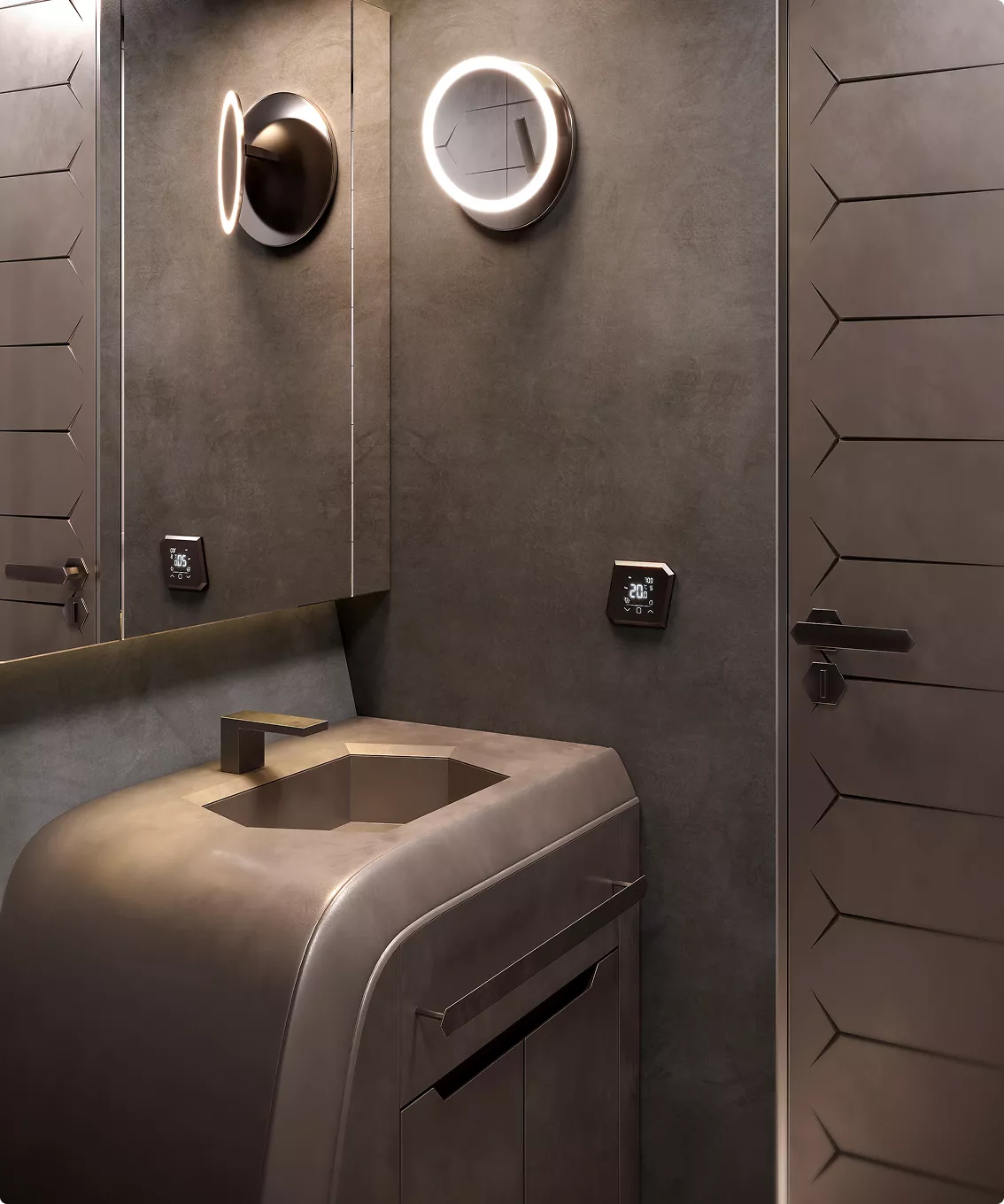 Modern yacht bathroom in yacht rendering portfolio with geometric sink and wall lighting
