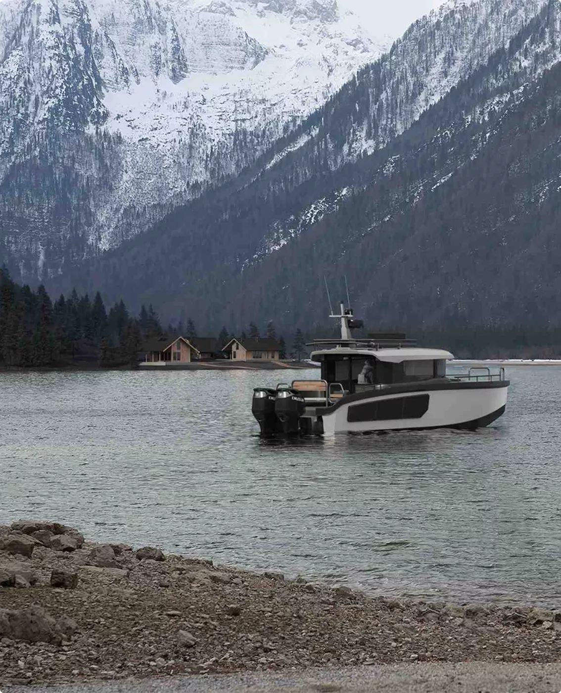 Explorer yacht in yacht rendering portfolio on mountain lake beside snowy peaks