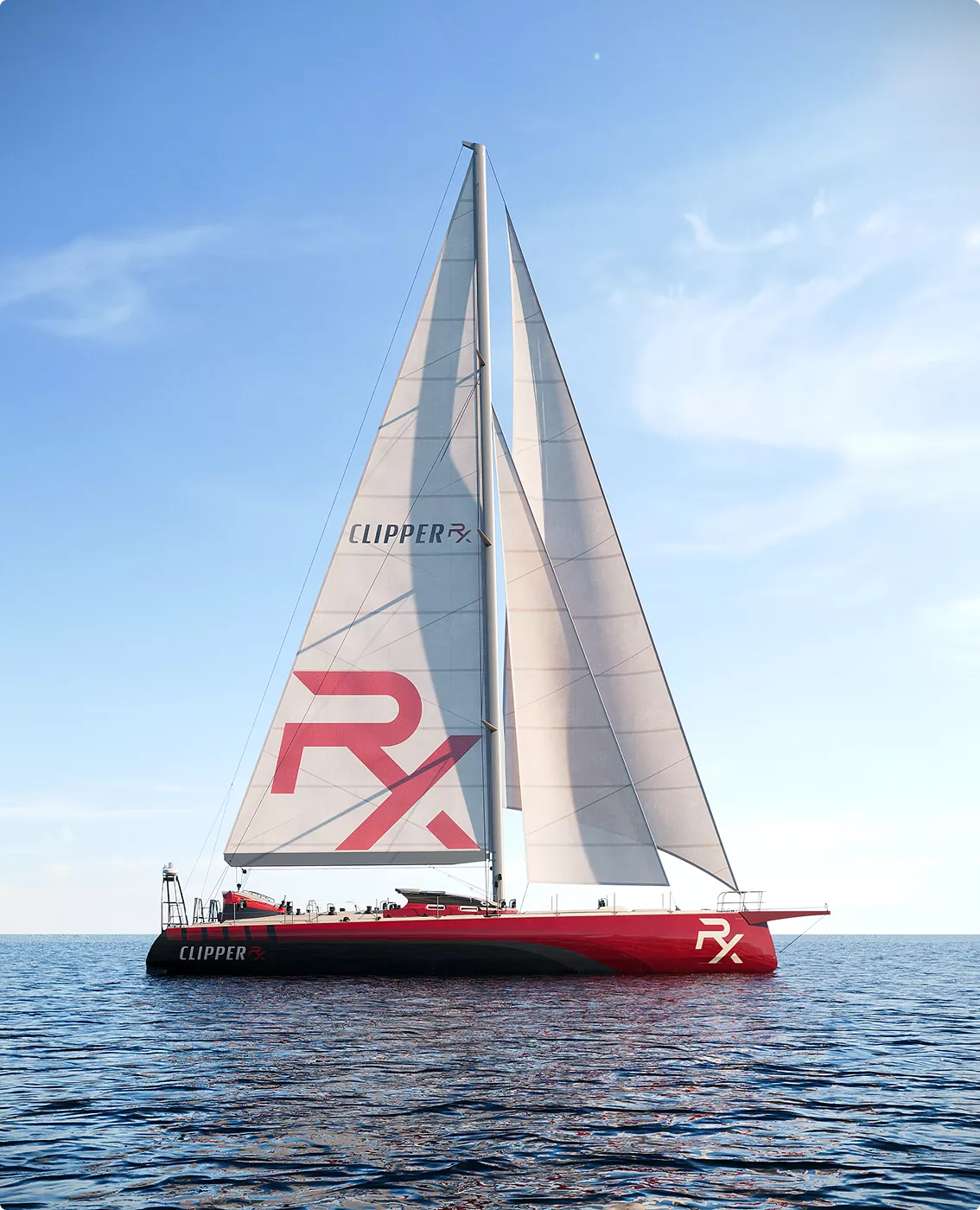 Red sailing yacht in yacht rendering portfolio with large white sails on open water