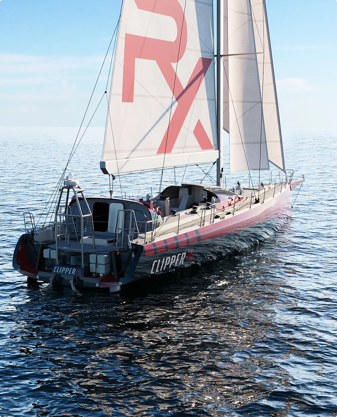 Rear view of sailing yacht in yacht rendering portfolio with large RX sails and calm sea