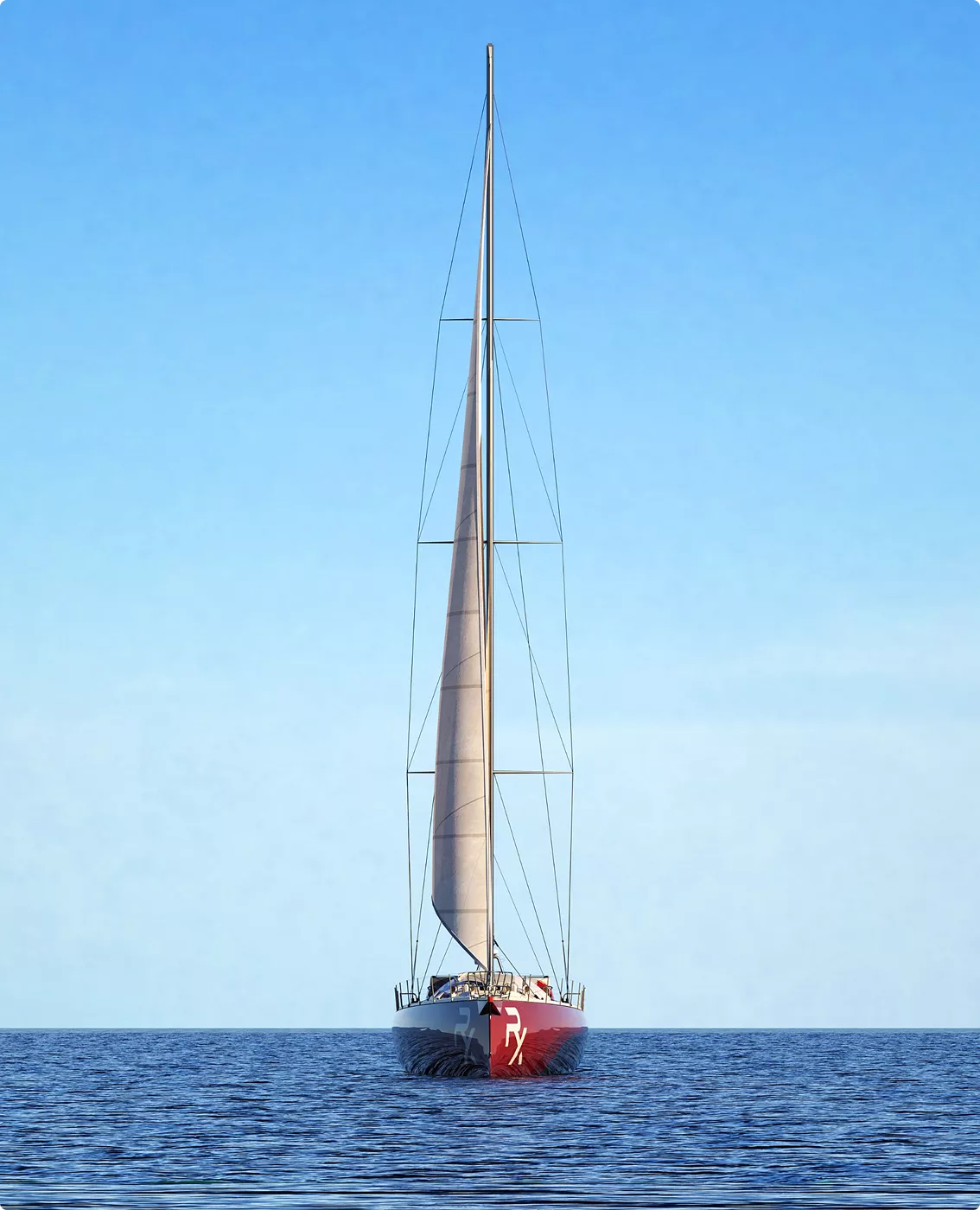 Front view of sailing yacht in yacht rendering portfolio with tall mast and calm sea