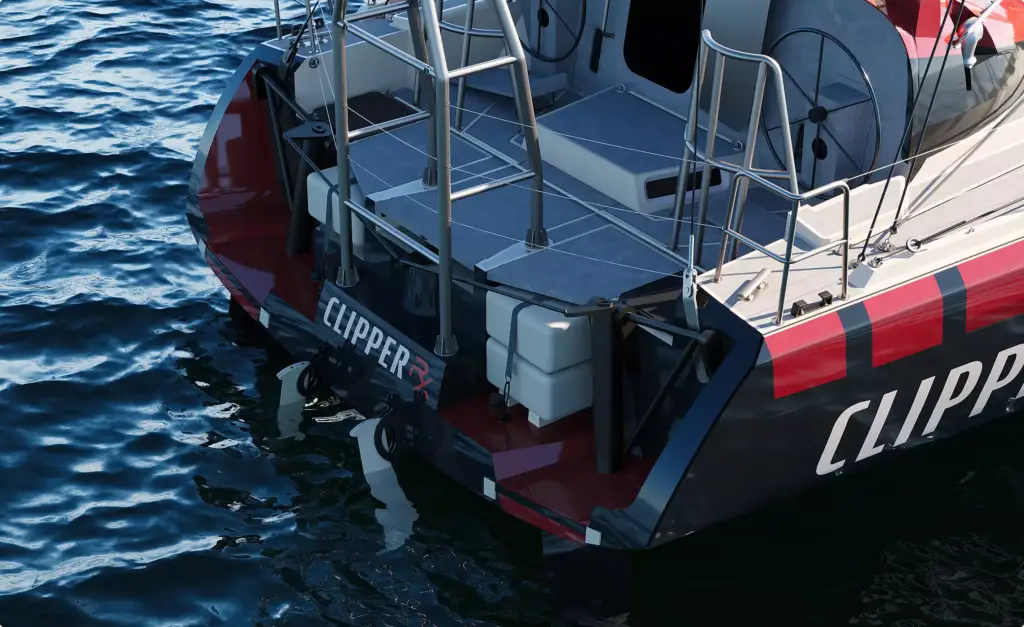 Sailing yacht stern detail in yacht rendering portfolio with deck hardware above water