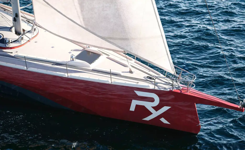 Sailing yacht bow detail in yacht rendering portfolio with red hull and white sail