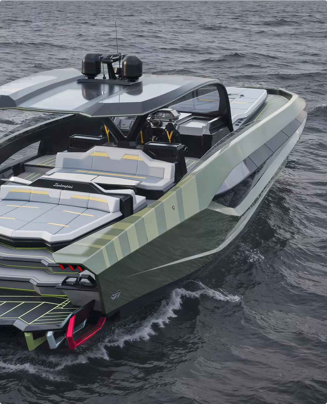 Luxury speedboat deck in yacht rendering portfolio with angular seating and canopy
