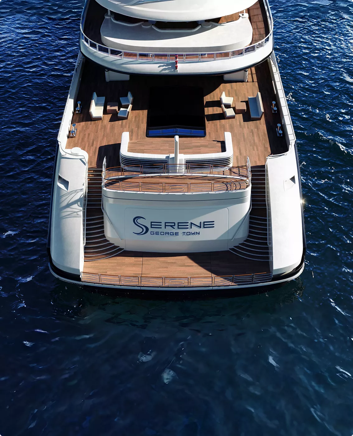 Luxury yacht stern deck in yacht rendering portfolio with seating and ocean backdrop