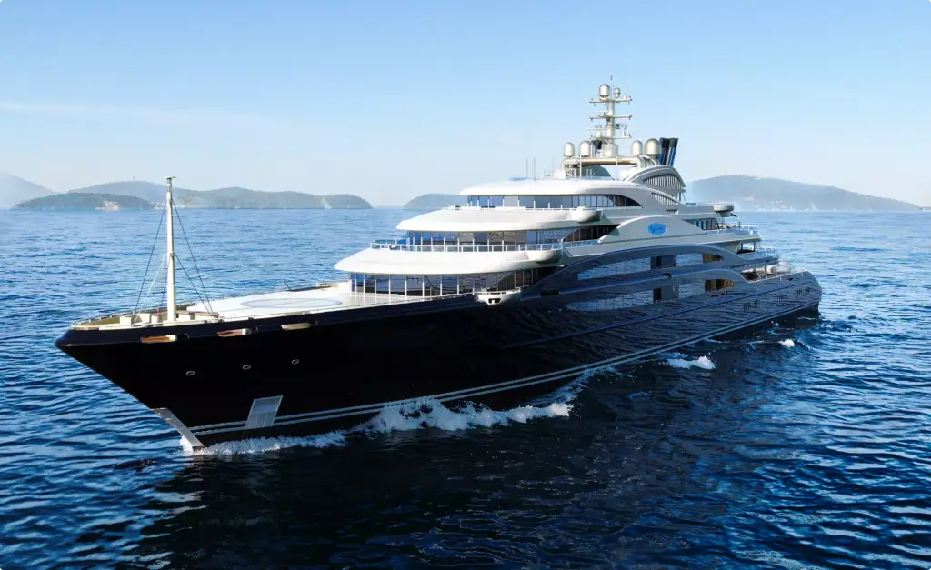 Superyacht exterior in yacht rendering portfolio cruising on calm blue ocean near islands
