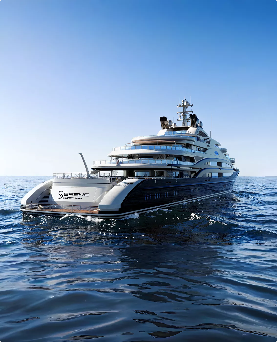 Luxury superyacht rear view in yacht rendering portfolio floating on calm open sea