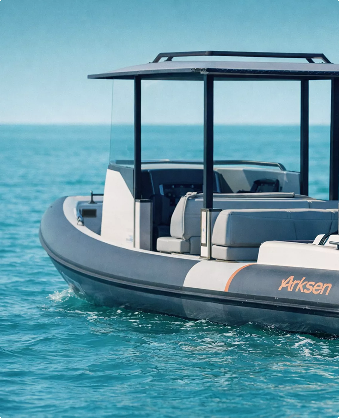 Tender boat close-up in yacht rendering portfolio cruising across turquoise ocean water
