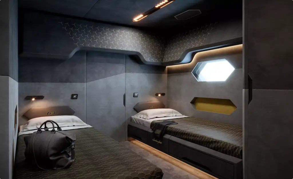Modern yacht cabin in yacht rendering portfolio with twin beds and geometric lighting