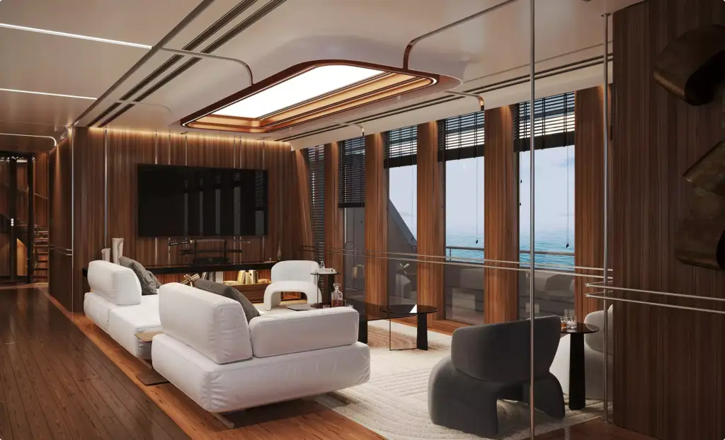 Luxury yacht lounge in yacht rendering portfolio with wood walls and modern seating