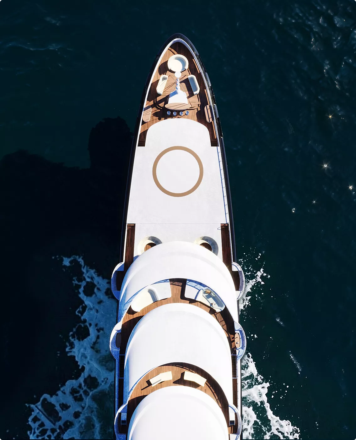 Top view of luxury yacht in yacht rendering portfolio showing bow deck and ocean wake