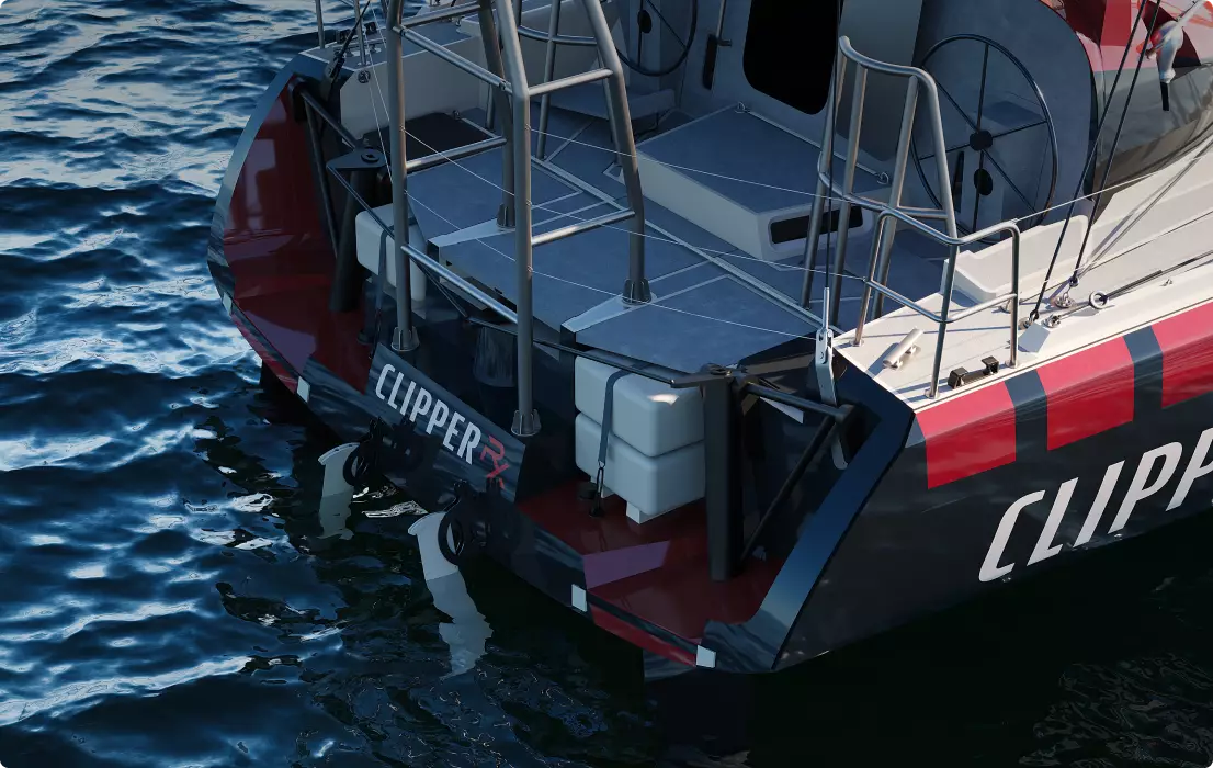 Yacht Rendering close-up of racing yacht stern with rails, twin rudders, and dark water