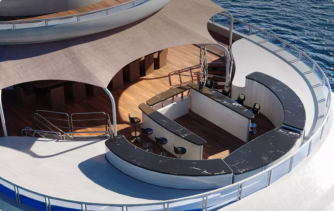 Yacht Rendering of upper deck bar with curved counters, stools, shade canopy, railings, and sea view