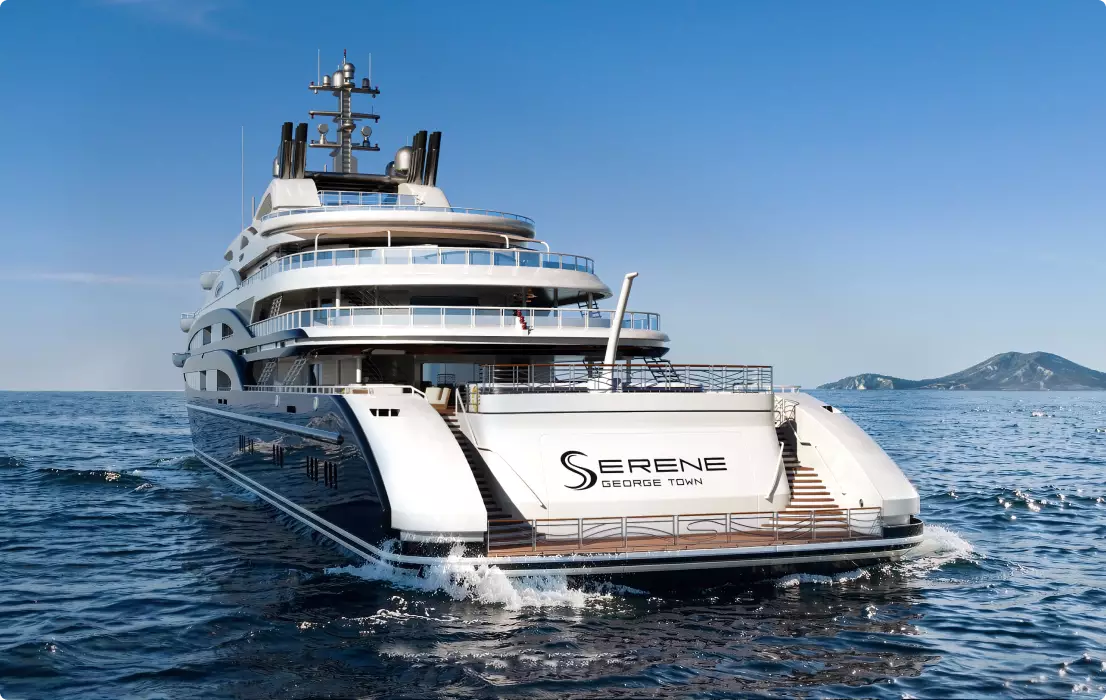Yacht Rendering of large white superyacht on open sea with decks, railings, and distant mountains