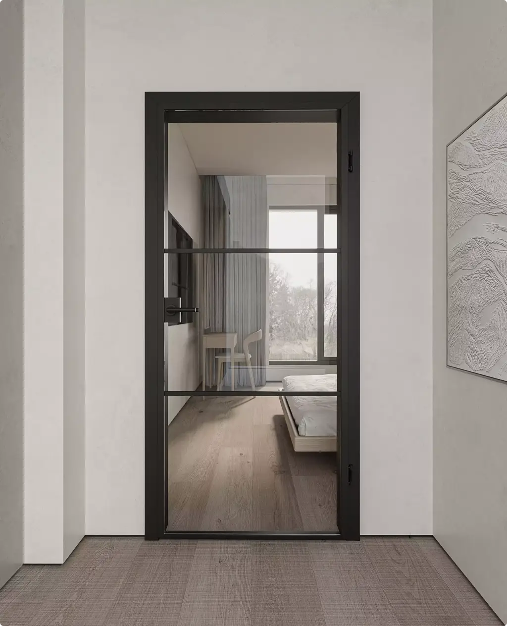3D door renders of black framed glass interior door in a modern minimalist bedroom