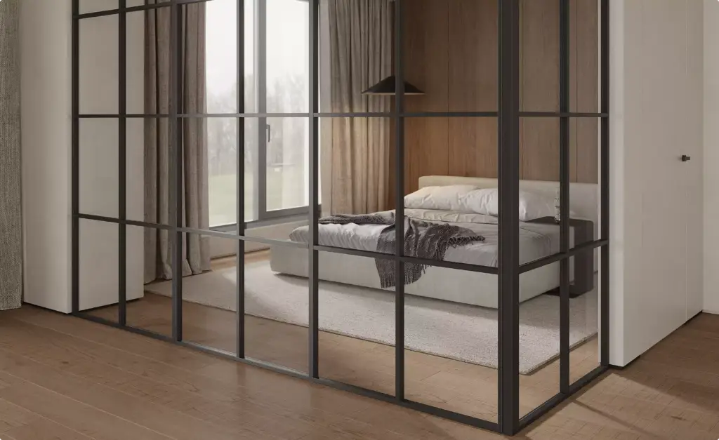 3D door renders of black framed glass partition doors in a modern bedroom interior